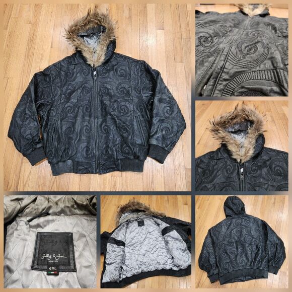 Sally & John New York Mens 4XL Hooded Leather Bomber Jacket Black Streetwear - Picture 1 of 16